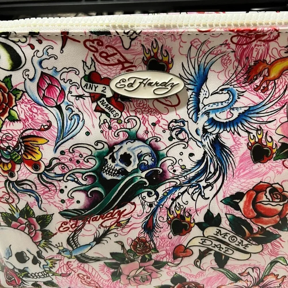 NWT Y2K Ed Hardy Tattoo Graphic Print Canvas White Pink Skull Floral Flame